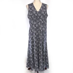 Liz Claiborne Navy Leaf Print Midi Dress Medium Stretch V-Neck